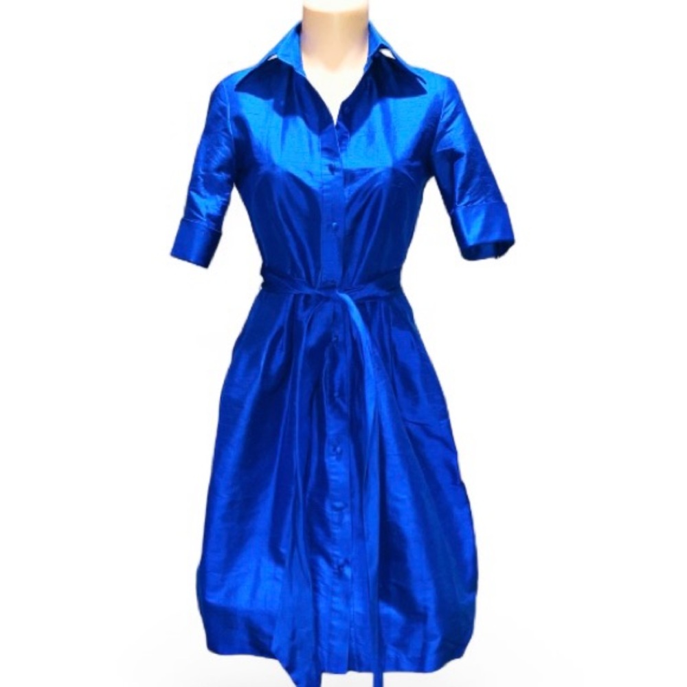 Tahari ASL Bright Cobalt Blue Tie Front Shirt Dress 100% Silk Career Work Sz 2 - Picture 3 of 8